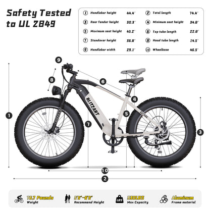 Electric Bike 1100W Peak, E-Bike Certified to UL 2849, Aluminum Frame Mountain Bike, 26 x 4” Fat Tire Hydraulic Disc Brakes